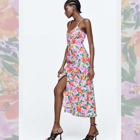 Zara NWT Linen Blend Floral Print Midi Dress - Picture 3 of 11